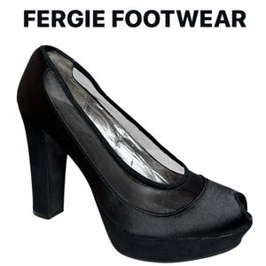 FERGIE MYTH Y2K BLACK MESH SATIN FAUX SUEDE PEEP TOE PLATFORM HEELS